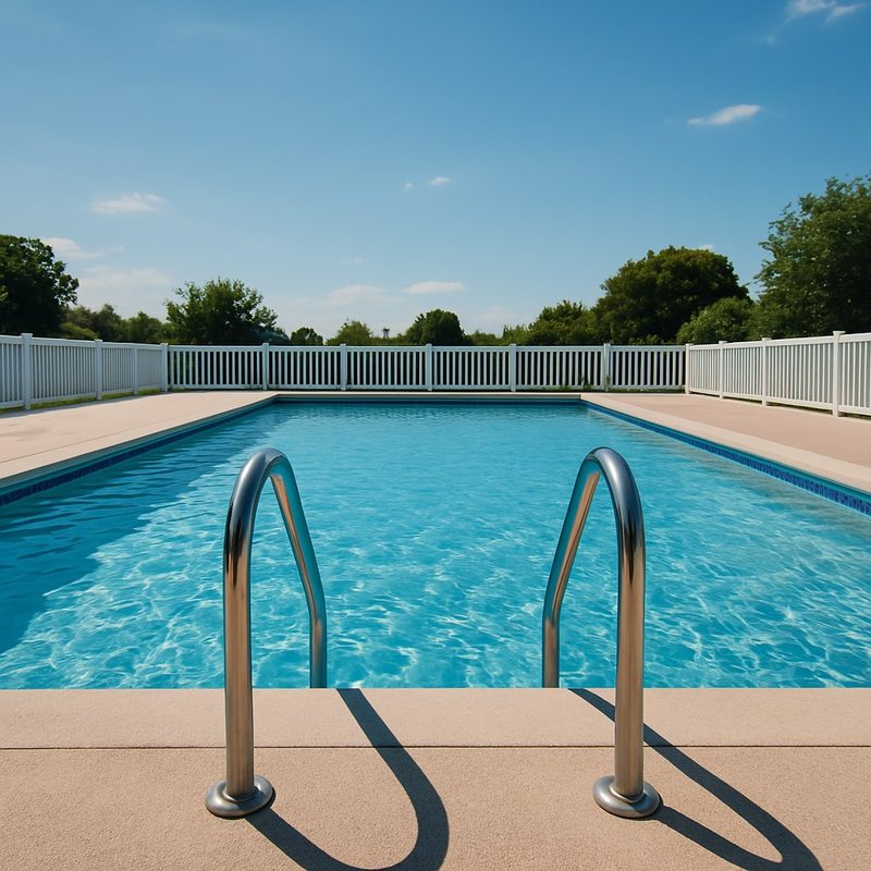 An empty backyard swimming pool with stainless steel handrails